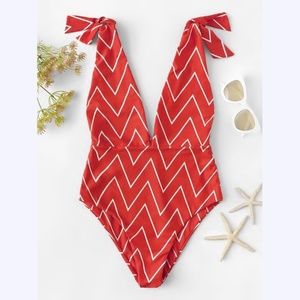 Red Chevron One Piece Deep V-neck Swimsuit